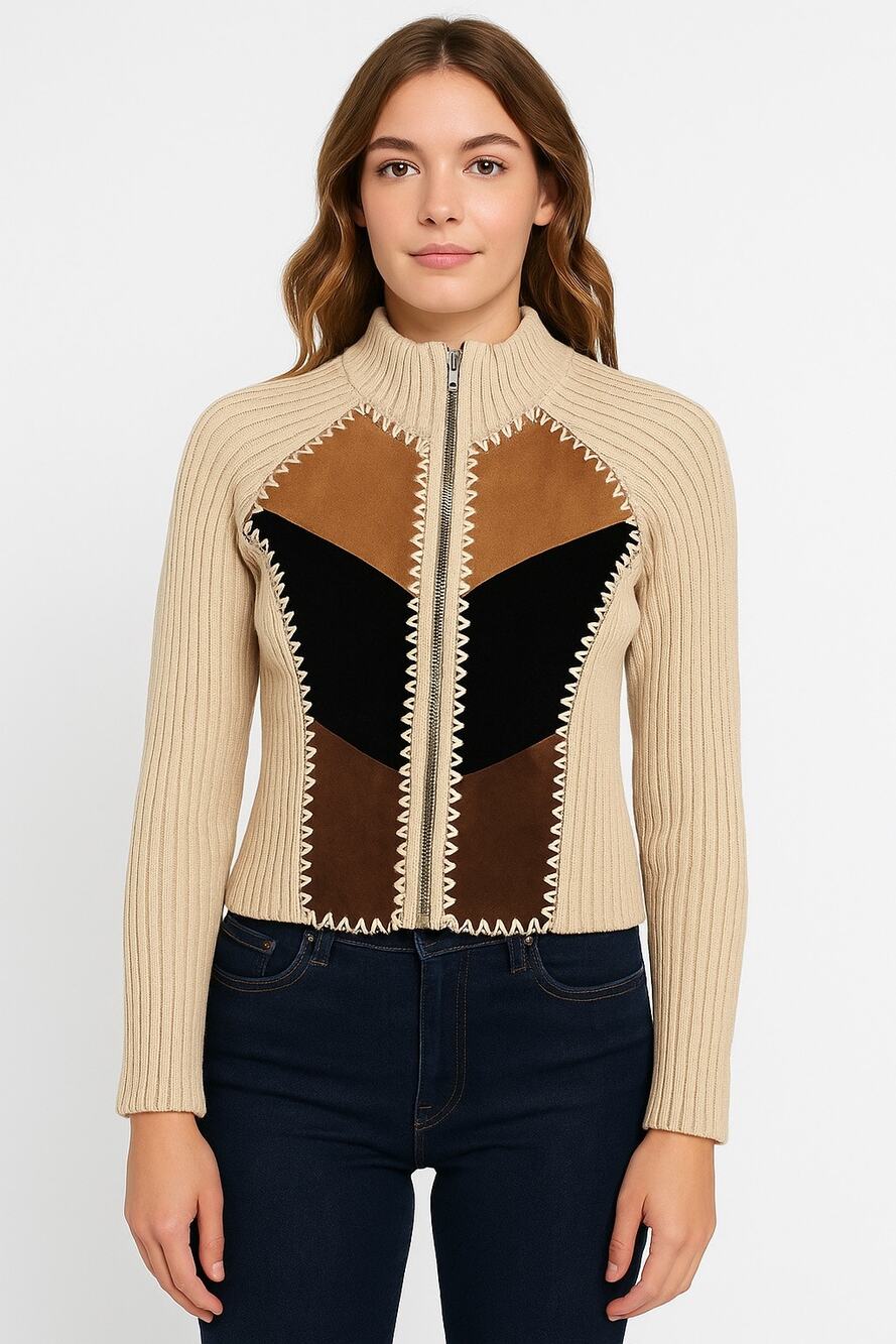 Vintage Kikit by Maurice Sasson Leather Knit sweater zipper jacket 90s Western M